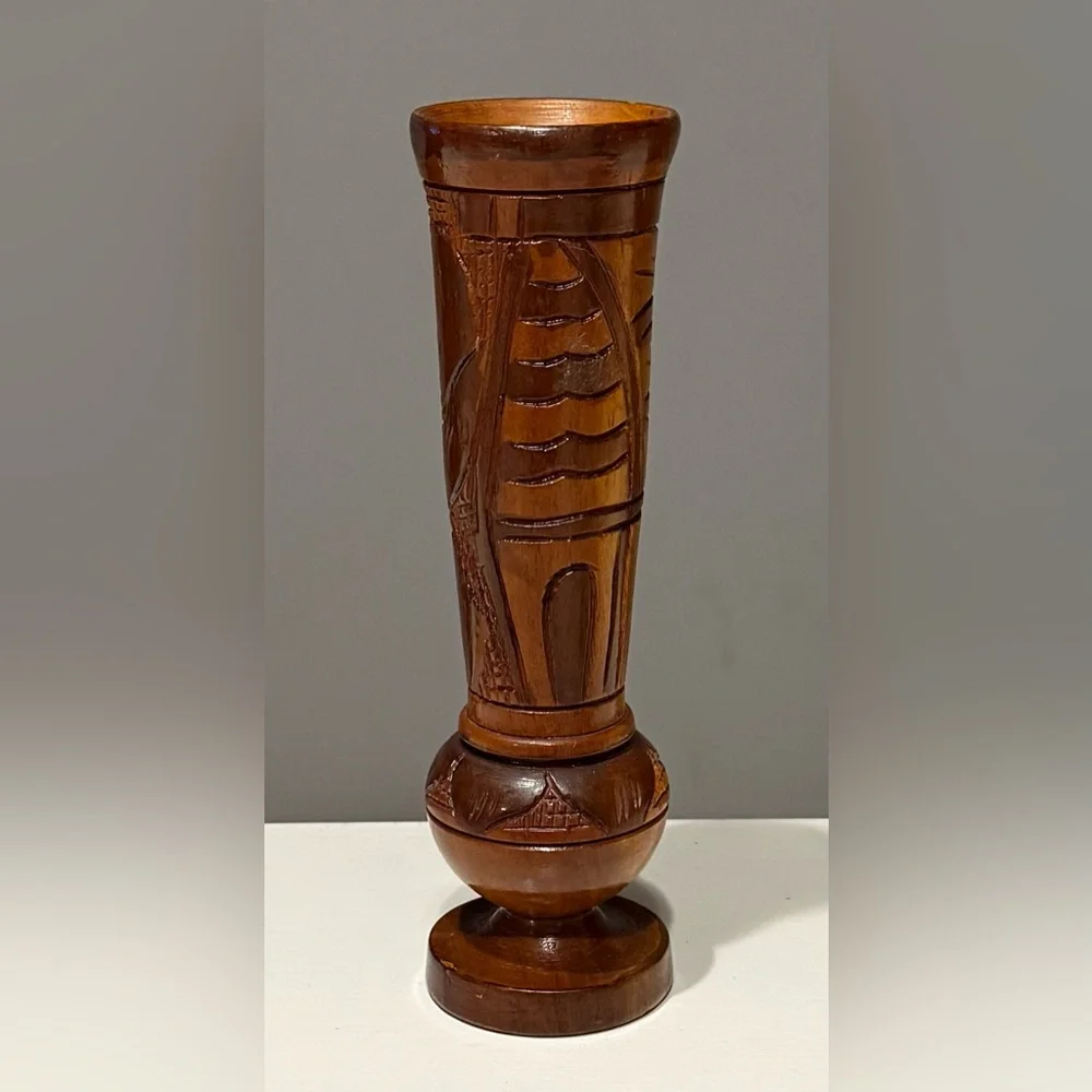 Vintage 1970s Hand-Turned Wood Bud Vase - Boho Floral Hand-Carved - 9”